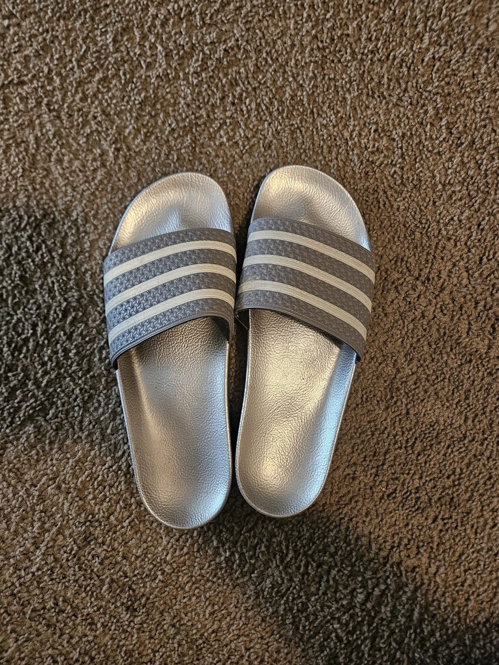 Silver Adidas Slide Sandals with White Stripes